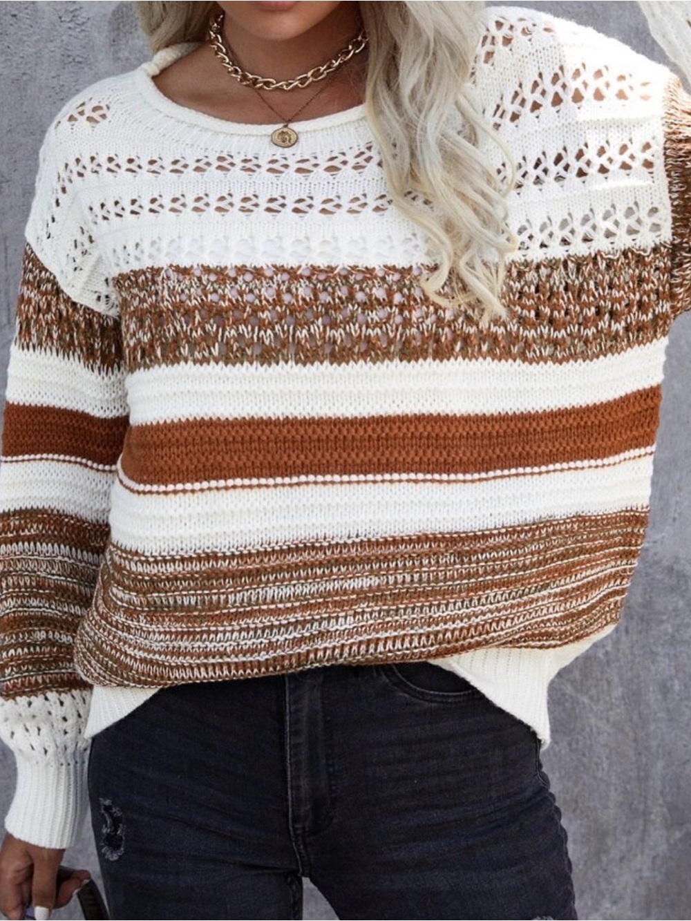SHEIN Cream & Brown Striped Open-Knit Crew Sweater